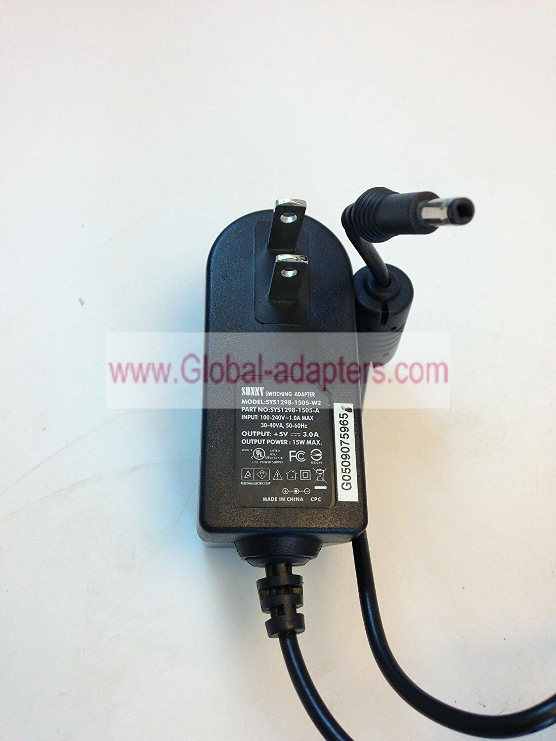 NEW Sunny 5VDC 3A 15W SYS1298-1505-W2 AC Adapter 1.3mm DC POWER PLUG - POSITIVE (+) CENTER